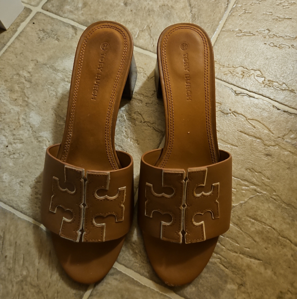 Tory Burch Tan Leather Logo Slide Mules